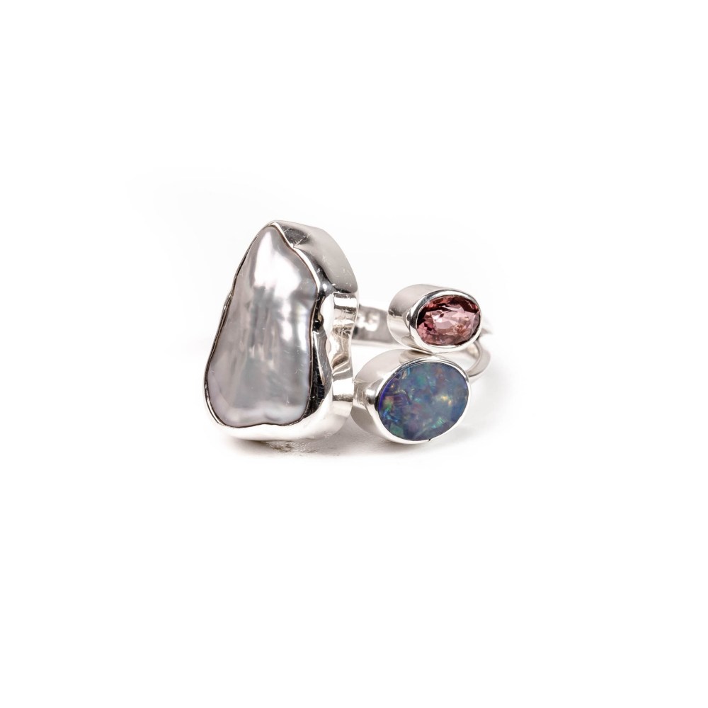 Ring Grey Biwa Opal Turmalin
